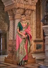 Light Pink contrasting blouse on Jacquard Weaved Banarasi Design saree With Stone Work | Banarasi Saree